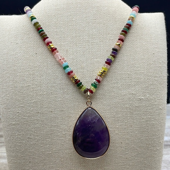Amethyst Pendant Mixed Gemstone Necklace - Picture 1 of 4